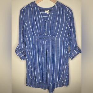 LED Lux Essentials Denim Maternity Blue White Chambray Striped Top- Small